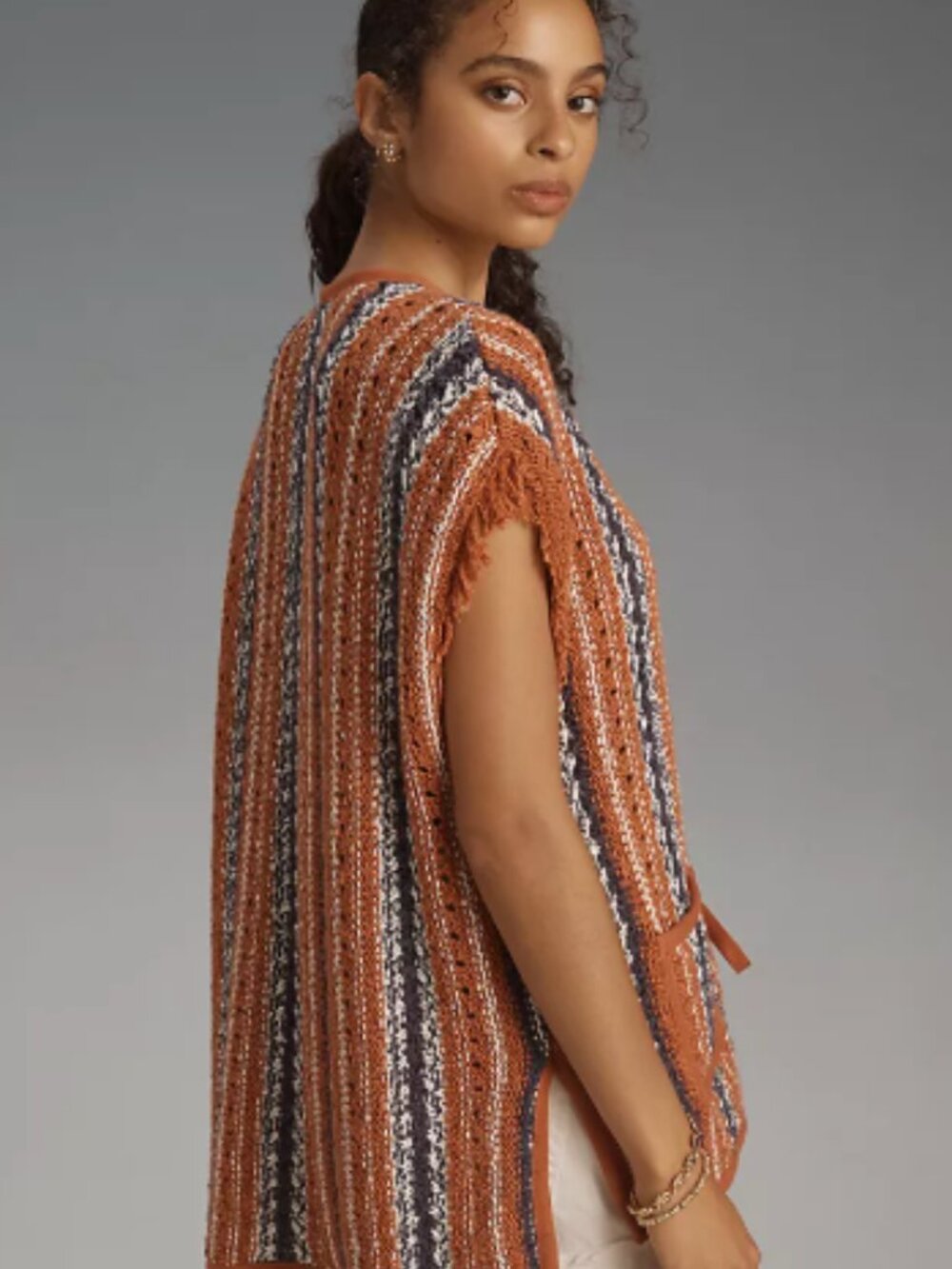 Pilcro Anthropologie Striped Fringe Tie-Front Sweater Vest, Size M